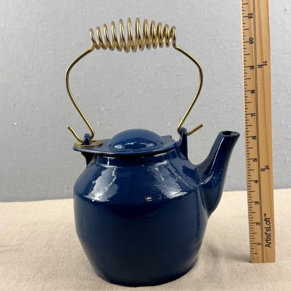MCM‎ Blue Enamel Cast Iron Teapot Spring Handle Quistgaard Style Danish Modern